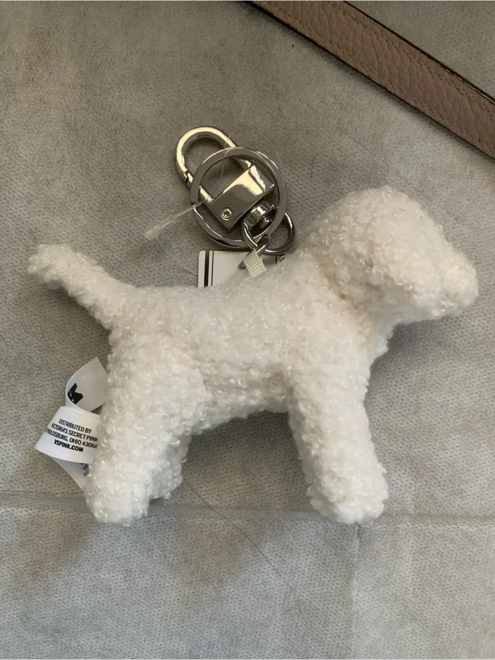 NWT Victoria's Secret PINK Micro Dog Keychain Charm Winter White Plush Teddy
